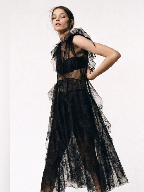 NWT Zara Woman Bloggers Fav LIMITED EDITION LACE MIDI DRESS Black Size M Medium - Picture 2 of 12